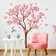 TERGAYEE Pink Plum Blossom Flower Tree Wall Decals,Birds on Branch Wall Stickers Butterfly Decal Peel and Stick Wall Art Decor for Nursery Decals Bedroom Living Room Office Decoration